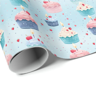 Eerste verjaardag - Taarten, kaarsen en aardbeien  Cadeaupapier