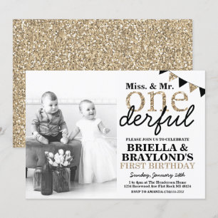 Eerste verjaardag tweeling Onederful uitnodiging