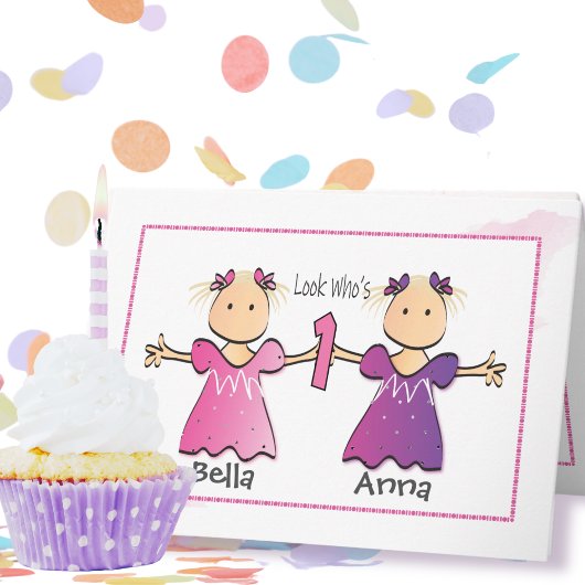 Eerste Verjaardag Twin Meisje Cartoon Sweet Schatt Kaart