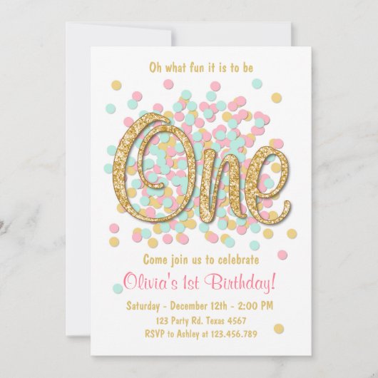 Eerste verjaardag uitnodiging Meisje Roze Gouden M (Voorkant)