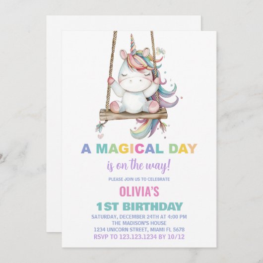 Eerste verjaardag Unicorn Verjaardag Uitnodigingen (Voorkant / Achterkant)