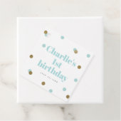Eerste verjaardag van Aqua Blue en Gold Bedankjes Labels (In situ)