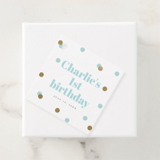 Eerste verjaardag van Aqua Blue en Gold Bedankjes Labels (In situ)