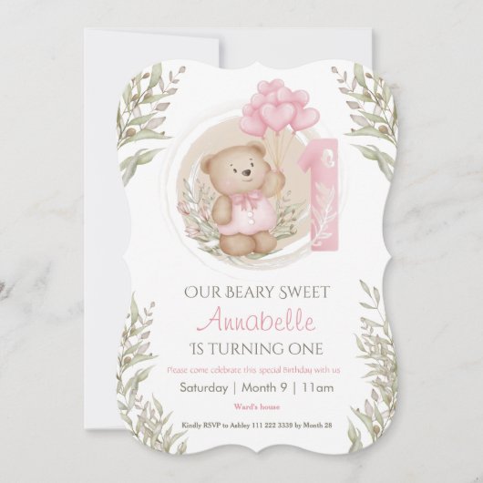 Eerste verjaardag van Cute Teddy Bear Heart Balloo Kaart (Voorkant)