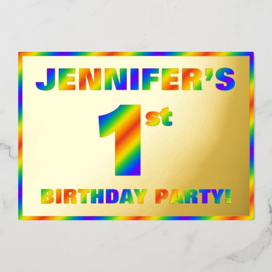 Eerste verjaardag van de partij Fun, regenboogspec Folie Uitnodiging (Voorkant)