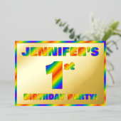 Eerste verjaardag van de partij Fun, regenboogspec Folie Uitnodiging (Staand Voorkant)