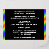 Eerste verjaardag van de partij Fun, regenboogspec Folie Uitnodiging (Achterkant)