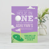 Eerste verjaardag van één Paarse Golfthema-meisjes Kaart (Staand voorkant)