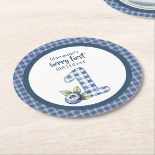 Eerste verjaardag van kind met blauwe bosbes ronde kartonnen onderzetter