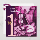 Eerste verjaardag van MUSICAL CAT Pink Fuchsia Kaart (Voorkant / Achterkant)