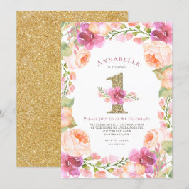 Eerste verjaardag van roze en gouden Floral Kaart