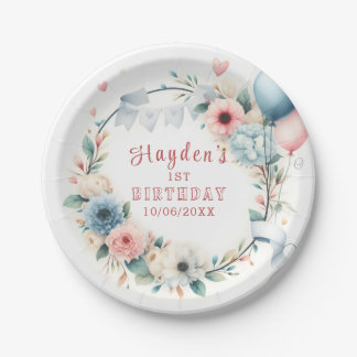 Eerste Verjaardag - Waterverf Bloemen en ballonnen Papieren Bordje