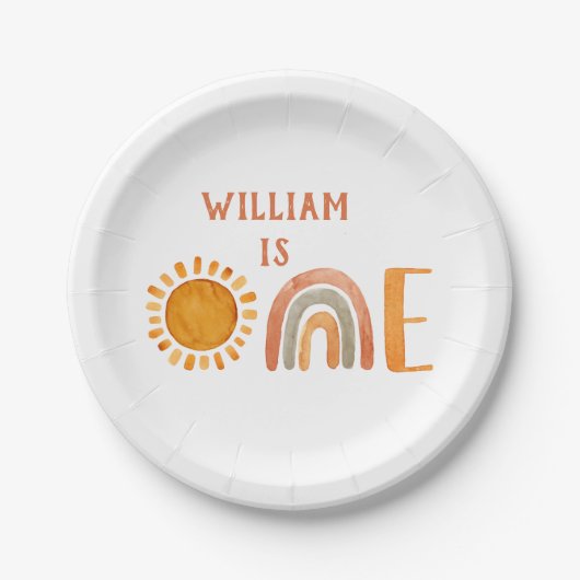 Eerste verjaardag Waterverf Boho Rainbow en Sun Papieren Bordje (Voorkant)