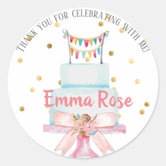 Eerste Verjaardag Waterverf Cake Ronde Sticker (Voorkant)