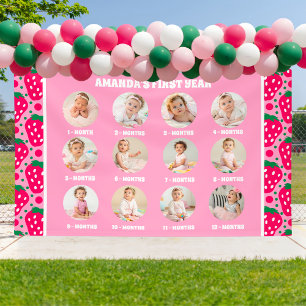 Eerste verjaardagsfeest met aardbei thema mijlpaal spandoek