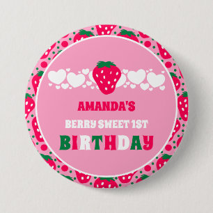 Eerste verjaardagsfeest met aardbeien ronde button 7,6 cm