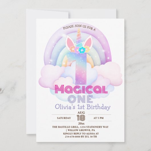 Eerste verjaardagsfeestje eenhoorn regenboog 1ste kaart (Voorkant)