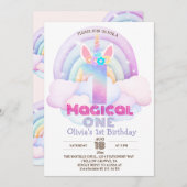 Eerste verjaardagsfeestje eenhoorn regenboog 1ste kaart (Voorkant / Achterkant)