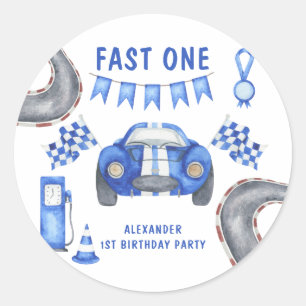 Eerste verjaardagsfeestje raceauto ronde sticker