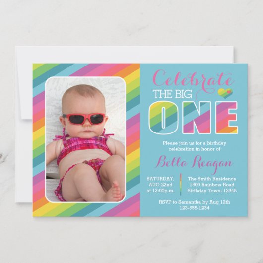 Eerste verjaardagsfeestje regenboog foto uitnodigi kaart (Voorkant)