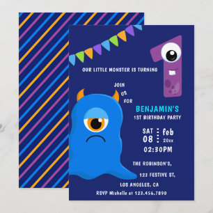 Eerste verjaardagsfeestje voor kleine monsterjonge kaart