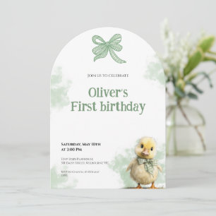 Eerste verjaardagsuitnodiging Eend Strikje Baby Ve Kaart