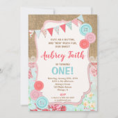 Eerste verjaardagsuitnodiging meisje, met een knop kaart (Voorkant)