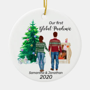 Eerste Wereldwijde Pandemie 2020 Koppel Bruin Haa Keramisch Ornament