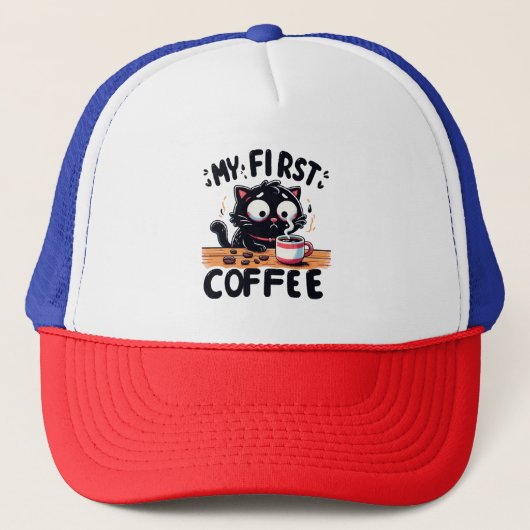 Eerste zwarte koffie avontuur trucker pet (Voorkant)