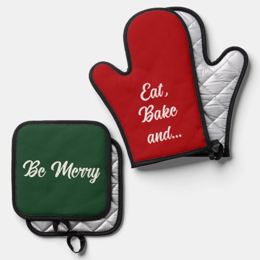 Eet Bak Vrolijk Grappig Kerstcadeau Rood Groen Ovenwant & Pannenlap Set (Voorkant / Achterkant)