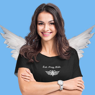 Eet. Bid. Rijden. vrouwen motorfiets t-shirt