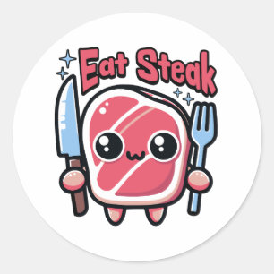 Eet biefstuk! Schattigee steak Cartoon Ronde Sticker