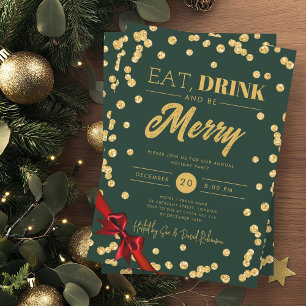 Eet, Drink Be Merry Gold Glitter Xmas Ribbon Groen Kaart