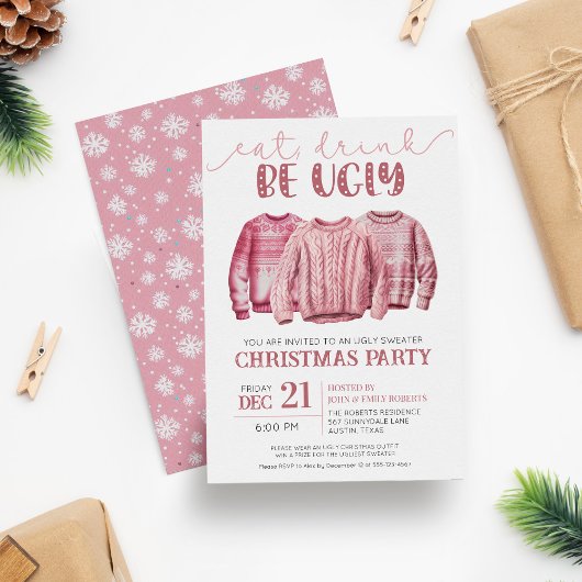 Eet Drink Be Ugly Sweater Roze Kerstfeest Kaart
