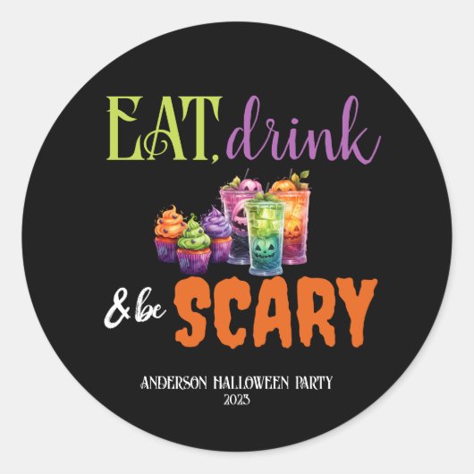 Eet, Drink & Ben Enge Halloween Party Neon Retro Ronde Sticker (Voorkant)