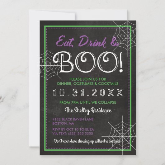 Eet Drink & Boo! | Chalkboard Halloween Party Kaart (Voorkant)