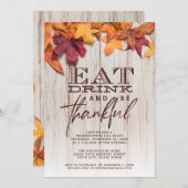 Eet Drink Dankbaar Rustiek Hout Bladeren Thanksgiv Kaart (Voorkant / Achterkant)