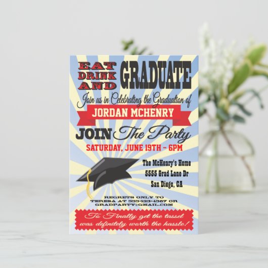 Eet, Drink en Afstuderen! Afstudeeruitnodigingen Kaart (Staand voorkant)