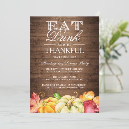 Eet Drink en ben dankbaar | Rustige houtpompoenen Kaart (Staand voorkant)