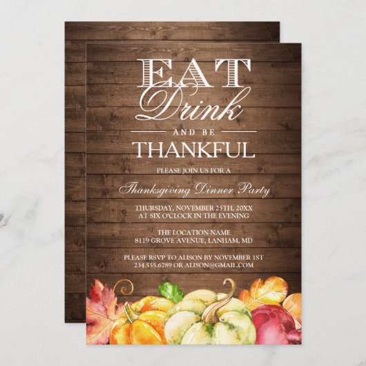 Eet Drink en ben dankbaar | Rustige houtpompoenen Kaart (Voorkant / Achterkant)