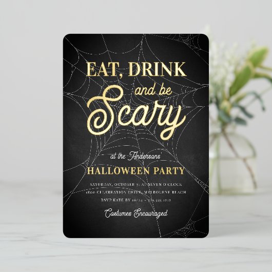 Eet, Drink en ben een enge halloween-partij Folie Uitnodiging (Staand Voorkant)