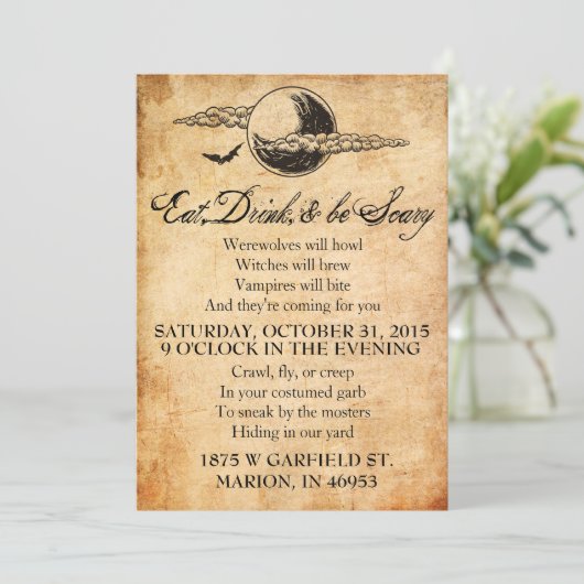 Eet, Drink, en ben eng Halloween Uitnodiging (Staand voorkant)