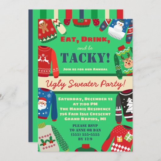 Eet, Drink en ben Tacky Ugly Sweater Holiday Party Kaart (Voorkant / Achterkant)