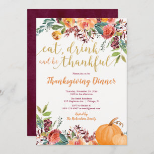 Eet Drink en ben Thankful Thanksgiving Dinner Kaart