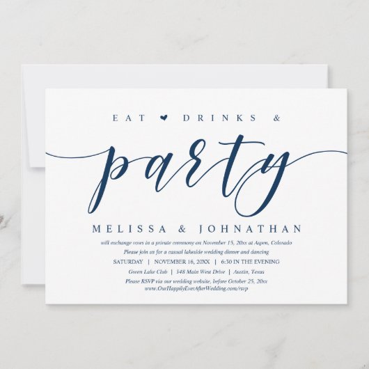 Eet, drink en feest, huwelijksvluchtdiner uitnodig kaart (Voorkant)