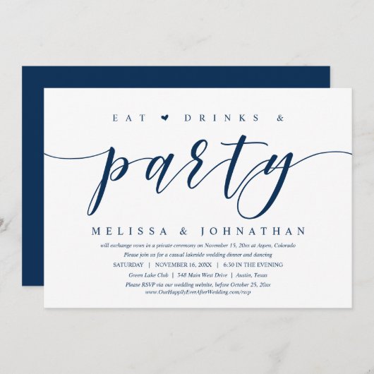Eet, drink en feest, huwelijksvluchtdineruitnodigi kaart (Voorkant / Achterkant)