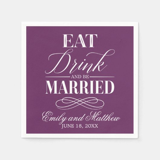 Eet Drink en trouw Paarse | Bruiloft Servet (Voorkant)