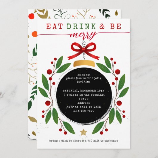 Eet, Drink en Vier Kerstfeest Potluck-feestje Kaart (Voorkant / Achterkant)