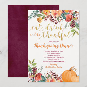 Eet Drink en wees dankbaar Thanksgiving Diner Kaart