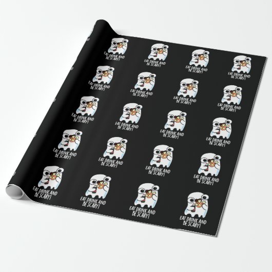 Eet Drink en wees eng Grappig Ghost Pun Dark BG Cadeaupapier (Uitgerold)
